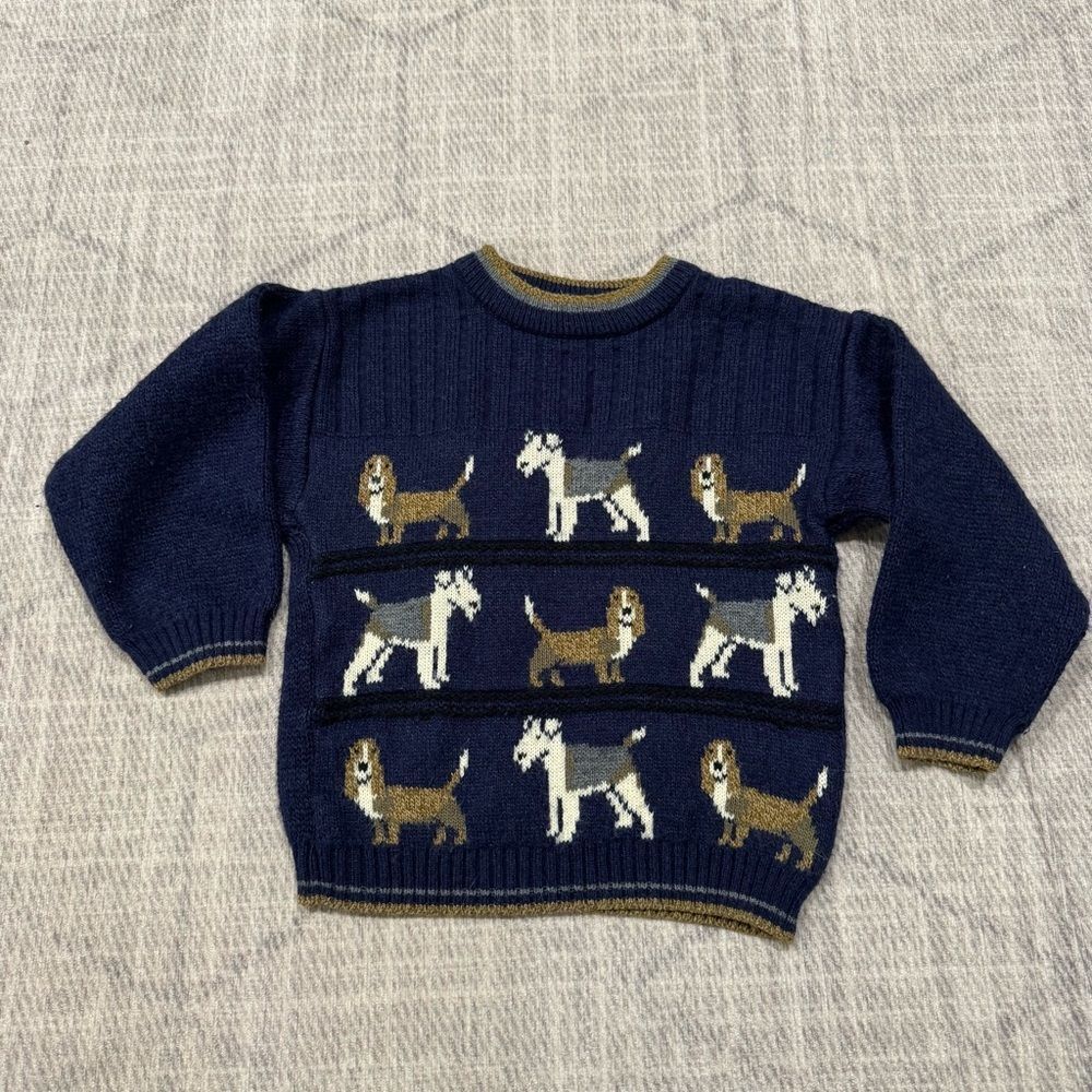 Vtg. TKS Basics Dog Print Sweater Crewneck Acrylic Knit Blue sz 4T